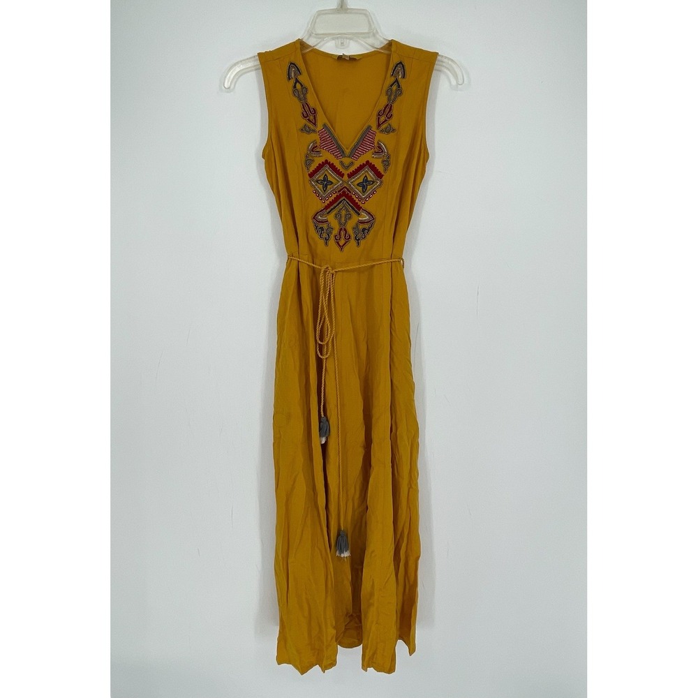 Global Desi Women's Mustard Embroidered Sleeveless Tassel Tie Maxi Dress Size XS